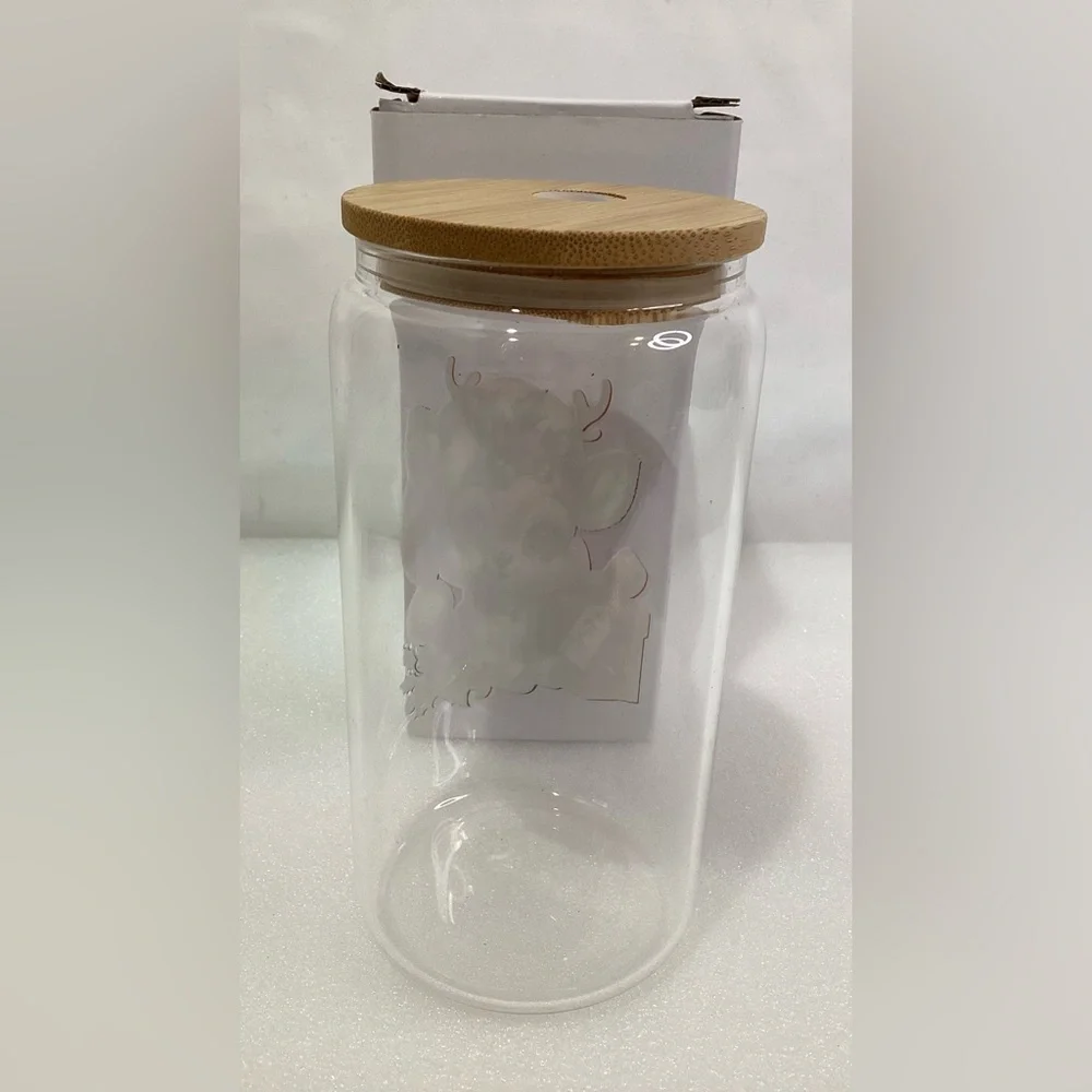 Christmas Glass Tumbler w Woden Lid 16oz New w Original Box
